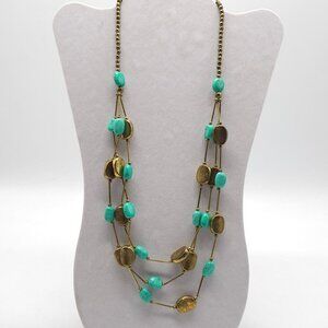 Vintage Multi-Strand Brass Turquoise Bead Necklace With Lobster Clasp Closure 25